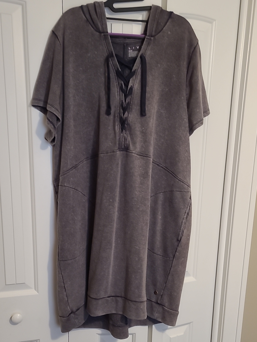 Livi Active Short-Sleeve Lace-Up Mini Dress in Washed Gray